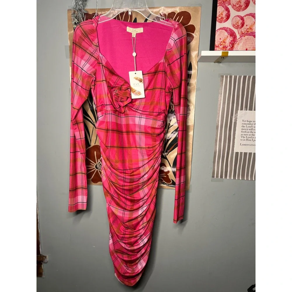 Chelsea & Violet Pink Plaid Ruched Bodycon Dress Rosette Long Sleeve Size M NEW - Picture 2 of 4
